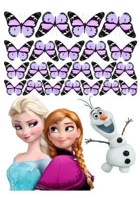 Frozen – Elsa, Anna a Olaf s fialovými motýly – jedlý papír na hranatý dort