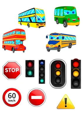 Autobusy – veselé autobusy a dopravní značky – jedlý papír na hranatý dort