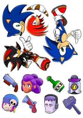 Sonic a Brawl Stars – postavičky k vystřižení – jedlý papír na hranatý dort