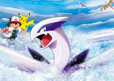 Pokémon – Ash, Pikachu a Lugia na vlnách – jedlý papír na hranatý dort