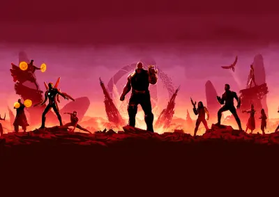 Avengers – Thanos a hrdinové na červeném pozadí – jedlý papír na hranatý dort