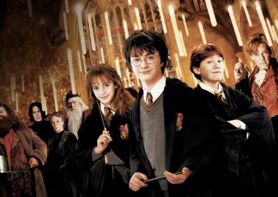 Harry Potter – Harry, Hermiona, Ron a profesoři v síni – jedlý papír na hranatý dort