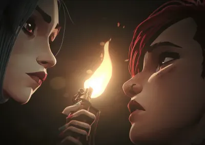 Arcane – Jinx a Vi se zapalovačem – jedlý papír na hranatý dort