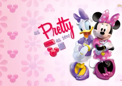 Mickey a Minnie – Minnie a Daisy na růžovém pozadí – jedlý papír na hranatý dort