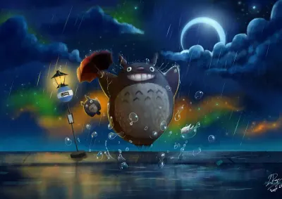 Můj soused Totoro – skákající Totoro v dešti u zastávky – jedlý papír na hranatý dort