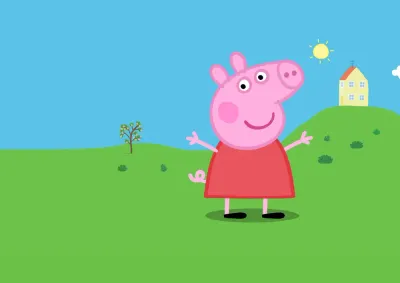 Prasátko Peppa – Peppa na zeleném kopci s domečkem – jedlý papír na hranatý dort