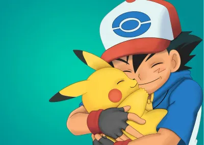Pokémon – Ash objímající Pikachu – jedlý papír na hranatý dort