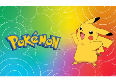 Pokémon – veselý Pikachu na duhovém pozadí – jedlý papír na hranatý dort