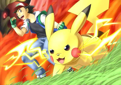 Pokémon – Ash a Pikachu v plném běhu – jedlý papír na hranatý dort