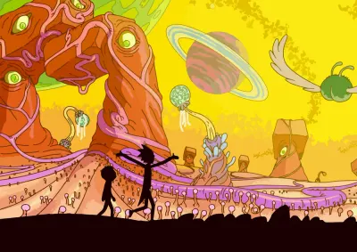 Rick a Morty – cizí planeta a siluety – jedlý papír na hranatý dort