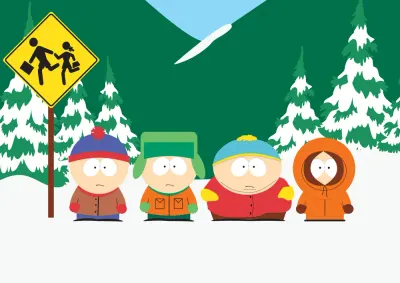 South Park – Stan, Kyle, Cartman a Kenny na sněhu – jedlý papír na hranatý dort