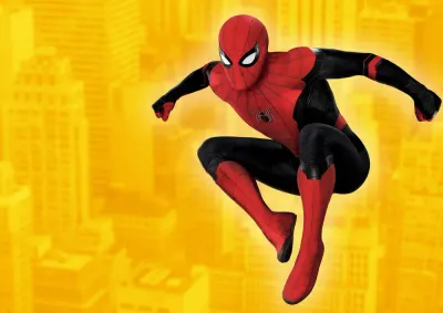 Spiderman – skákající v červeno-černém obleku nad městem – jedlý papír na hranatý dort