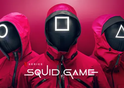 Squid Game – Strážci s maskami a logem – jedlý papír na hranatý dort