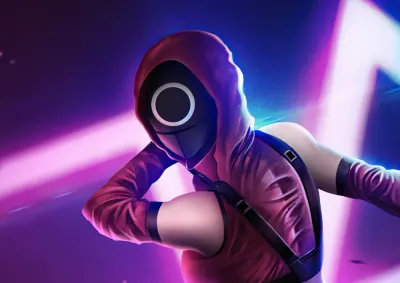 Squid Game – Strážce s maskou s kruhem v neonu – jedlý papír na hranatý dort