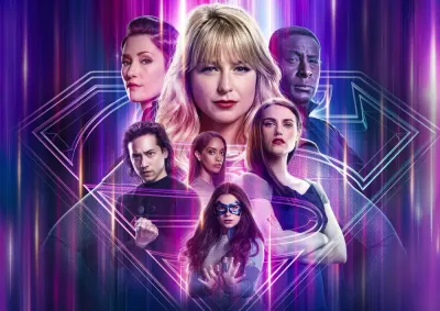 Supergirl – hrdinové na fialovém pozadí – jedlý papír na hranatý dort