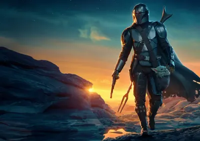 Star Wars – Mandalorian a Grogu při západu slunce – jedlý papír na hranatý dort