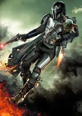 Star Wars – Mandalorian a malý Grogu v letu – jedlý papír na hranatý dort